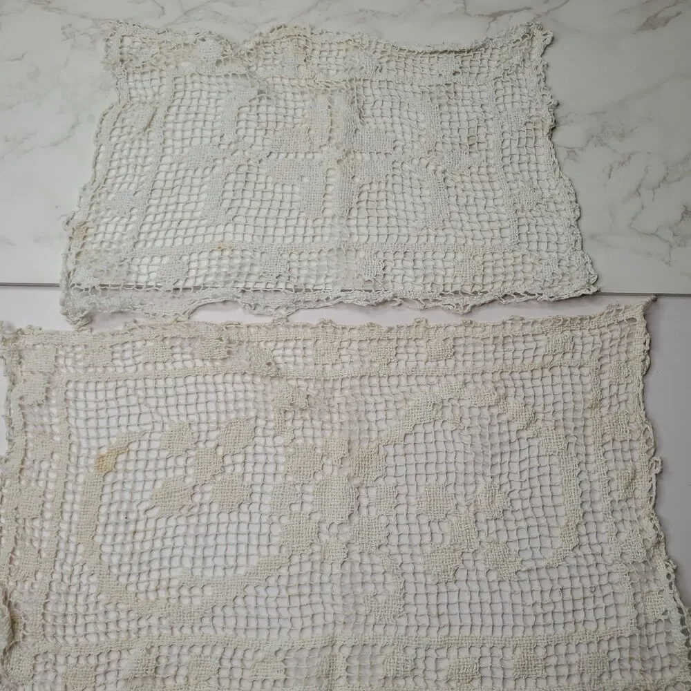 Antique Needle Lace Doilies 2 Cream Rectangle Handmade Floral Swirl Victorian